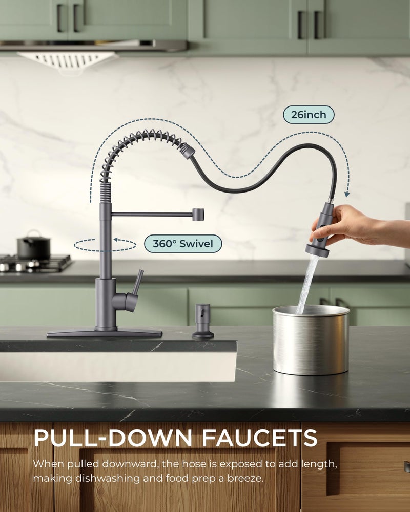 FORIOUS Kitchen Faucet with Pull Down Sprayer, Stainless Steel Commercial Single Handle Classic Spring Pull Out Sink Faucet for Pot Filler, Farmhouse Camper Bar Laundry Room, Grey - Image 2